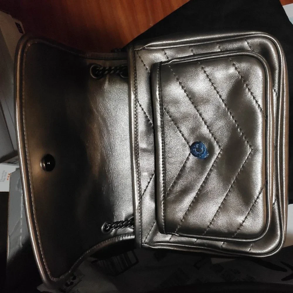 SAINT LAURENT Baby Niki Quilted Metallic Silver Leather Shoulder Bag